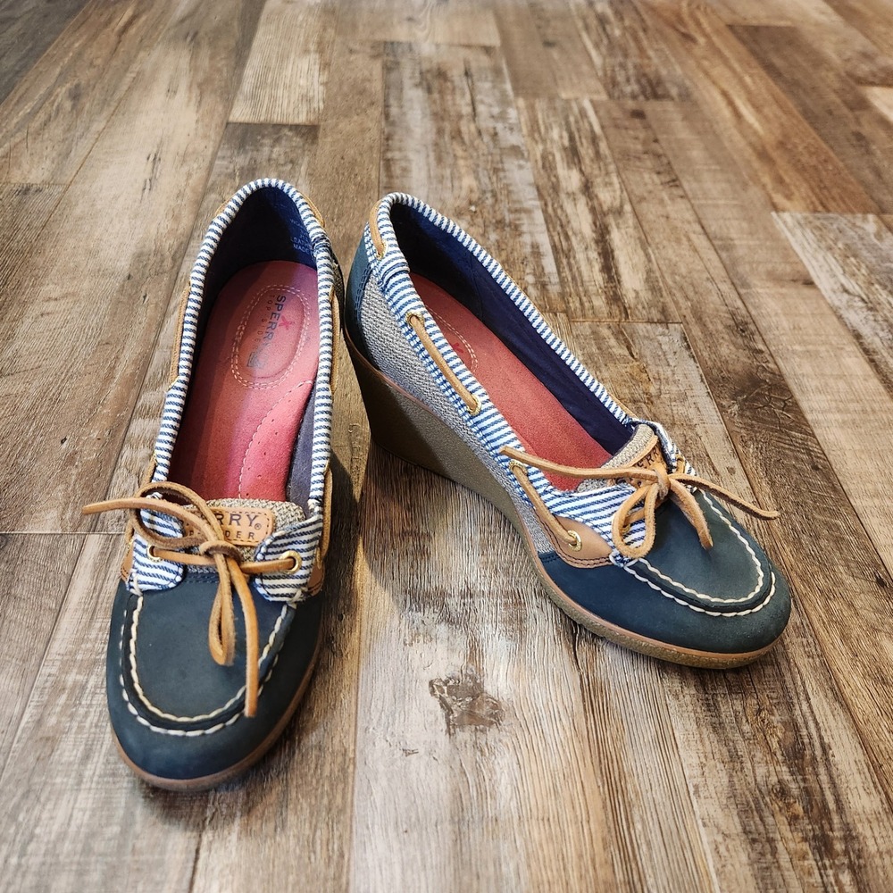 Sperry Top-Sider Womens Navy Blue Striped Leather Canvas Boat‎ Shoe Wedge 7.5M